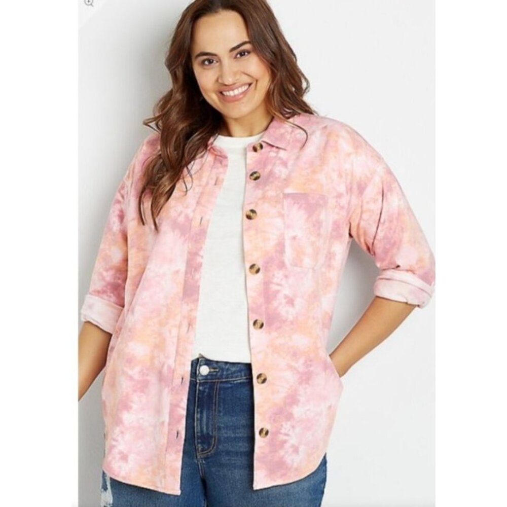 Maurices size XXL womens Long Sleeve Tie-Dye shacket Shirt jacket fleece Pink ne